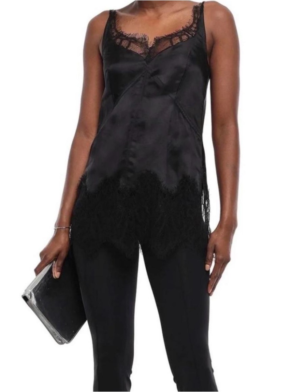 Helmut Lang Archival Black Satin Lace Trim Satin Camisole Tank Top - M